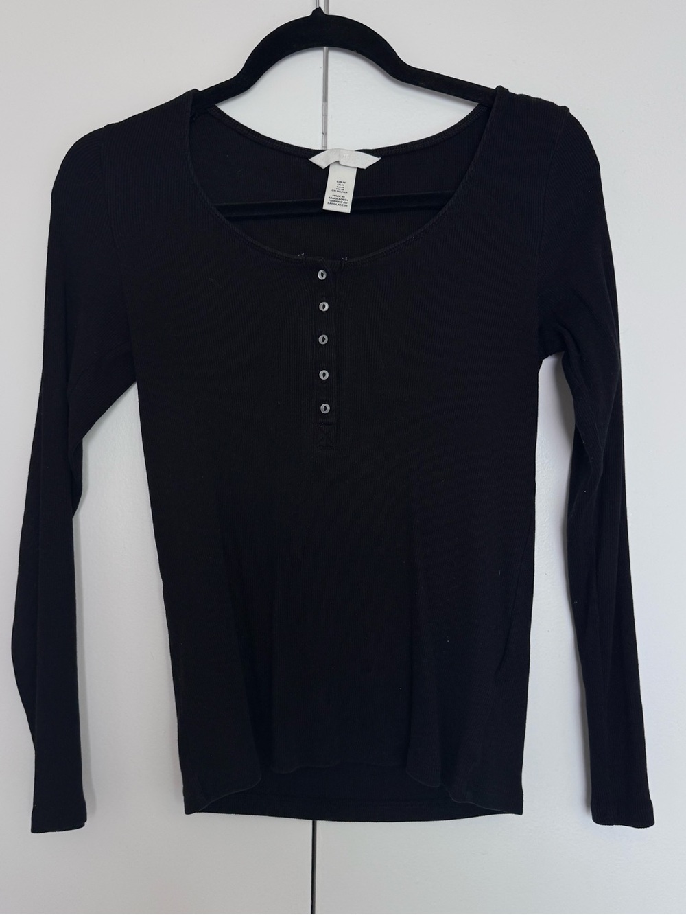 H&M Black Ribbed Henley Long-Sleeve Tee